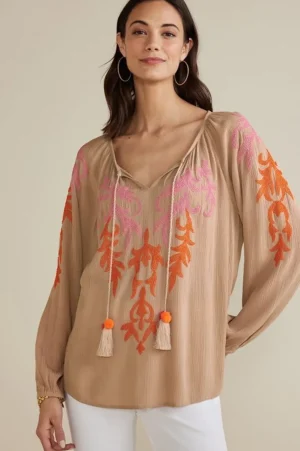 Noura Embroidered Gauze Pullover<Soft Surroundings Best